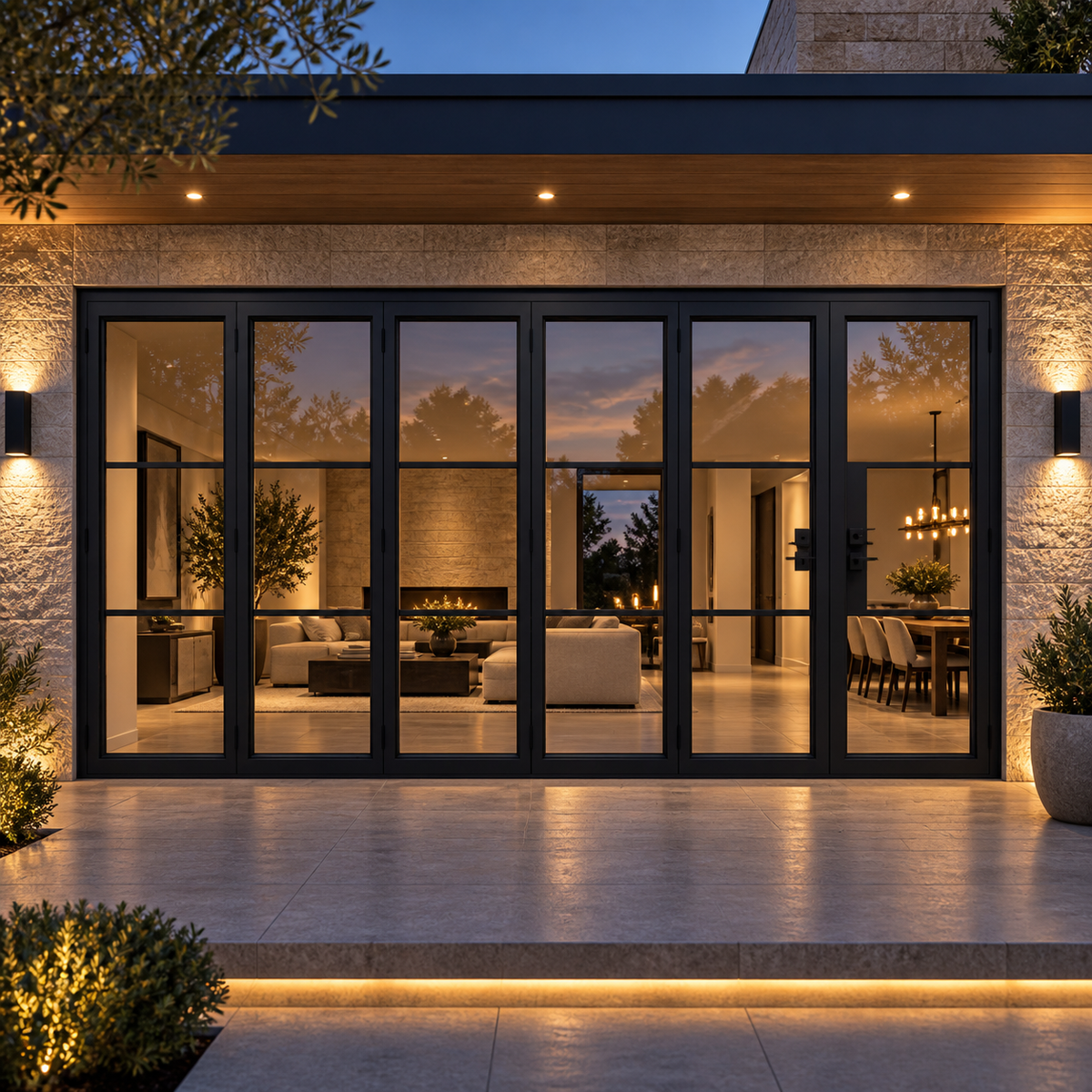 Black 3-Lite - 5+1 Panel Steel Bifold Door at a modern residence at dusk — lifestyle visualization
