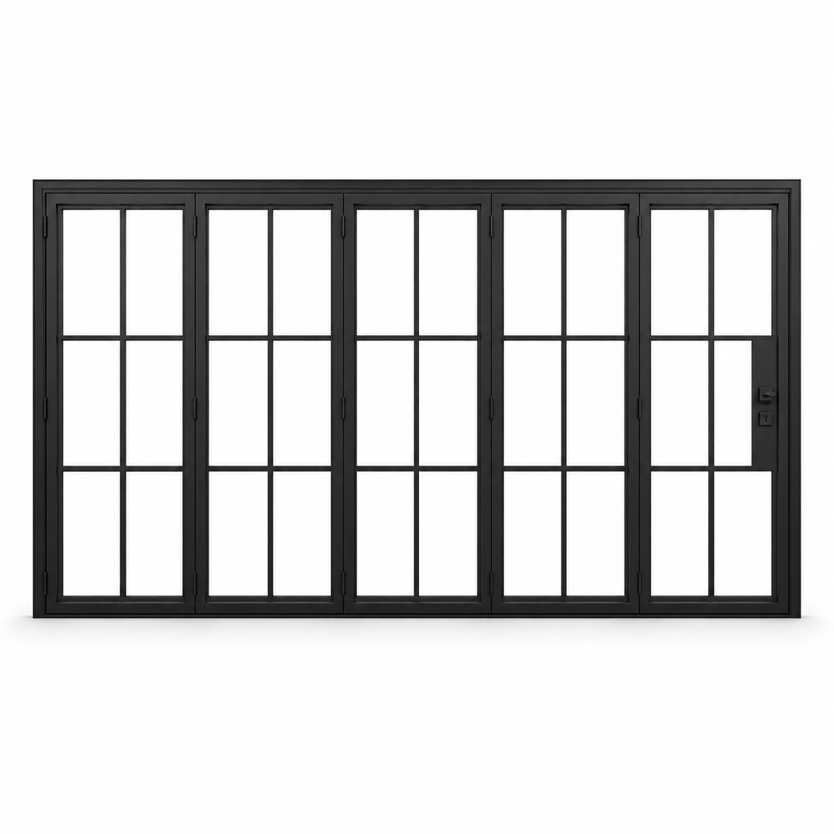 Black 6-Lite five-panel steel bifold door on a white background — product visualization