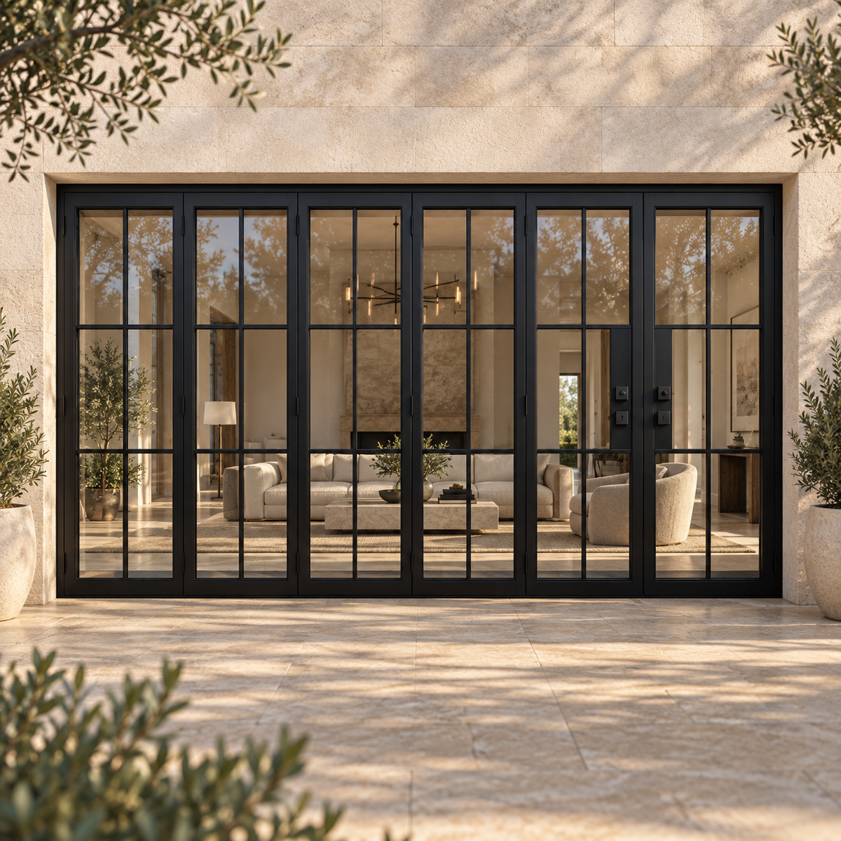 Black 6-Lite - 5+1 Panel Steel Bifold Door in a limestone villa courtyard — lifestyle visualization