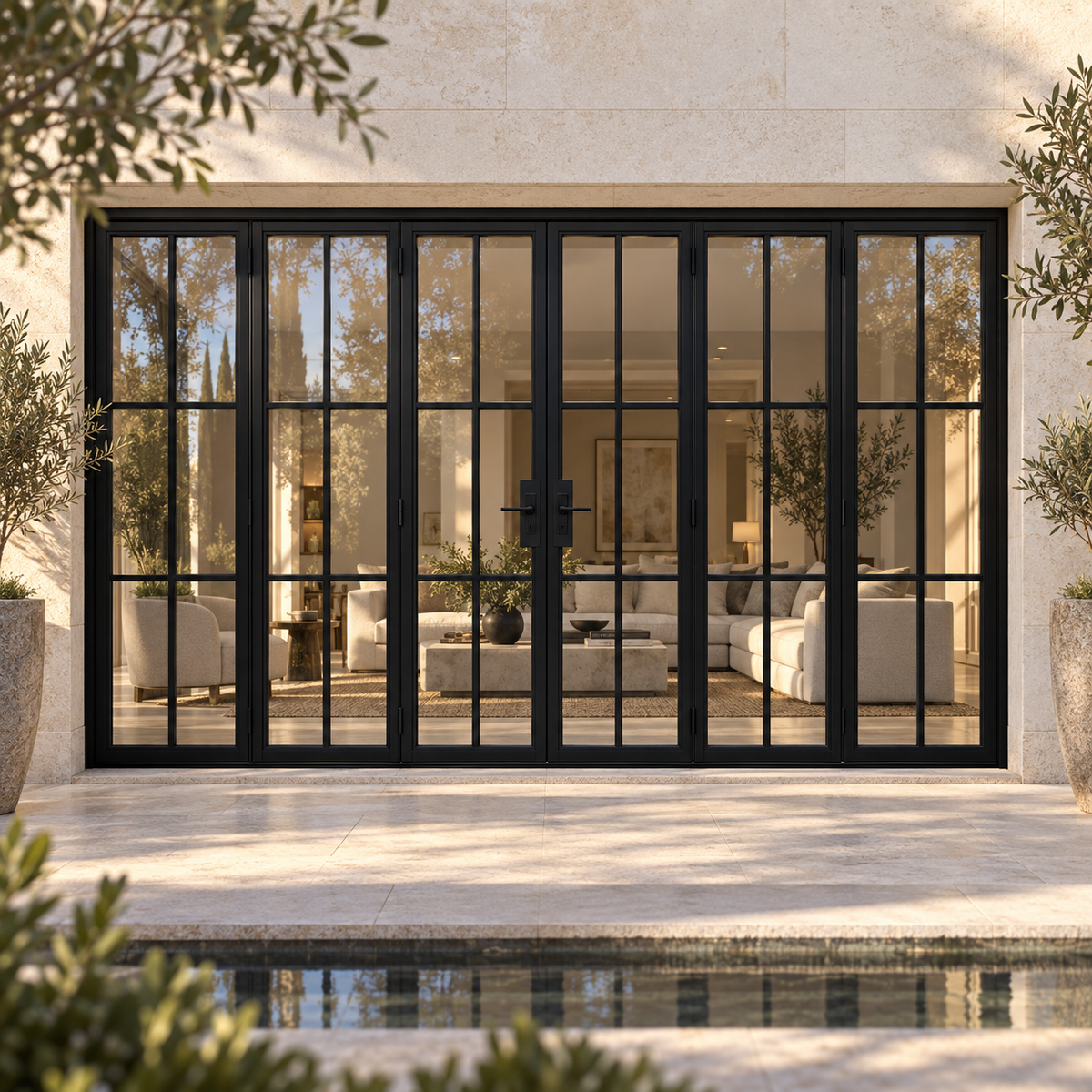 Black 6-Lite - 3+3 Panel Steel Bifold Door in a limestone villa courtyard — lifestyle visualization