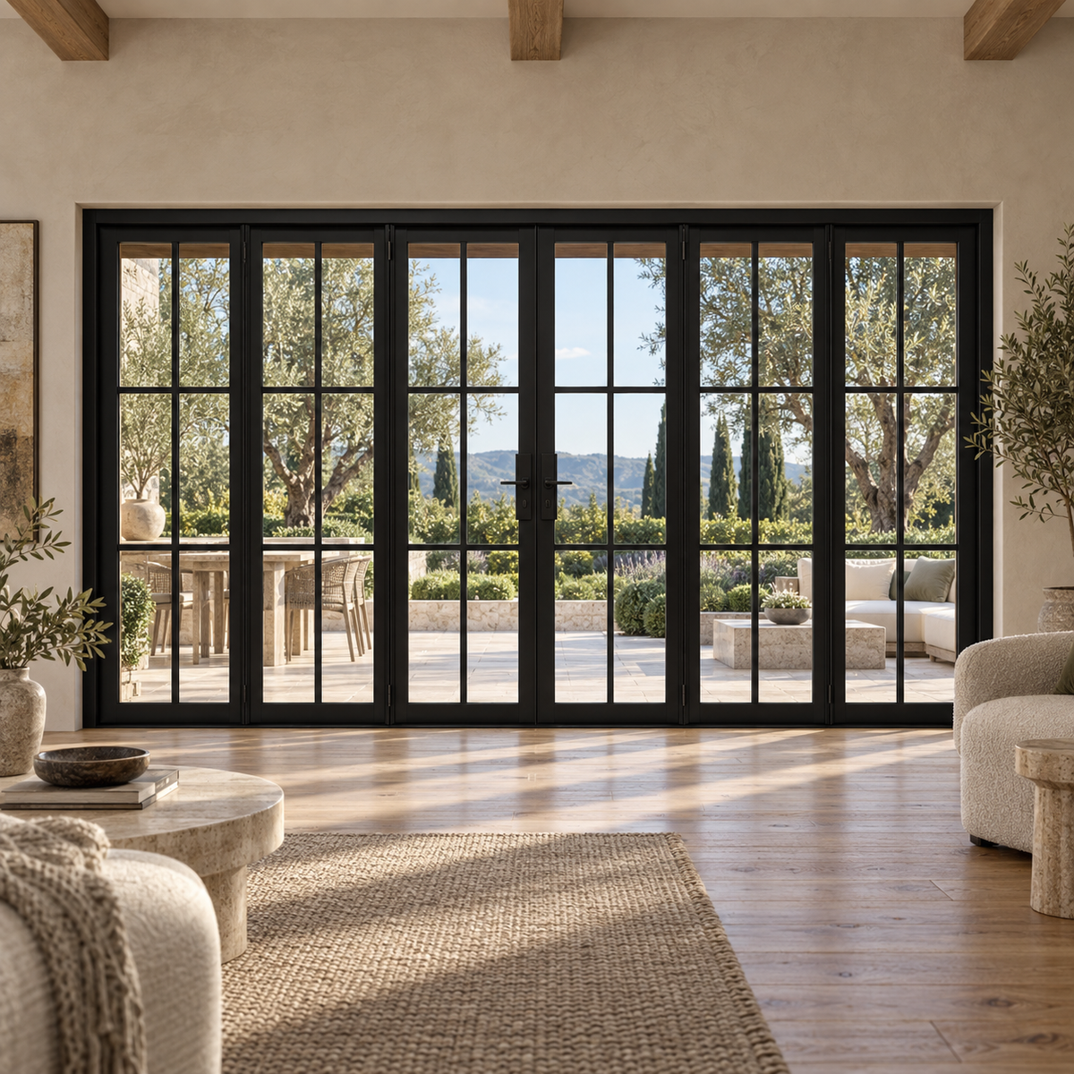 Black 6-Lite - 3+3 Panel Steel Bifold Door overlooking a landscaped terrace — lifestyle visualization