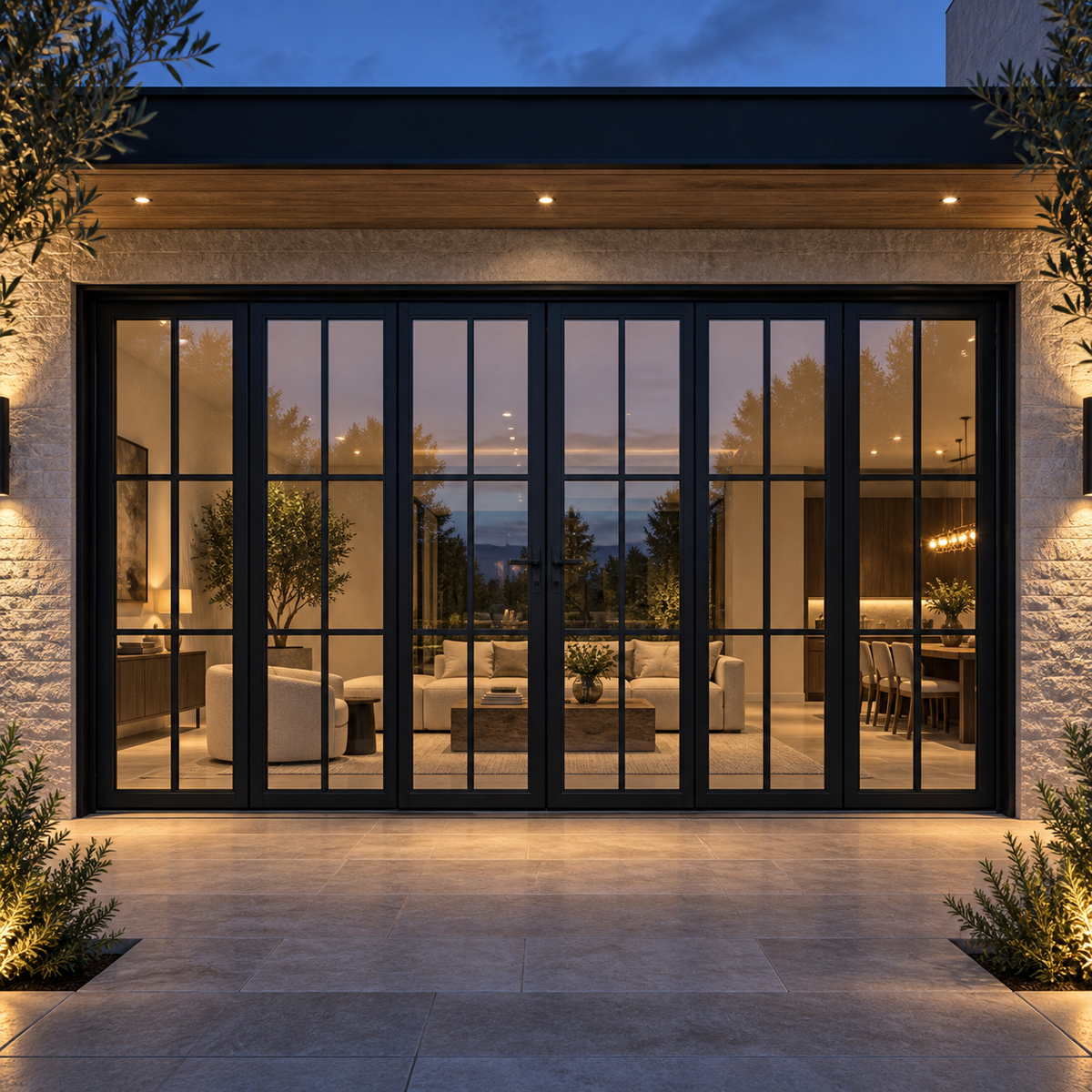 Black 6-Lite - 3+3 Panel Steel Bifold Door at a modern residence at dusk — lifestyle visualization