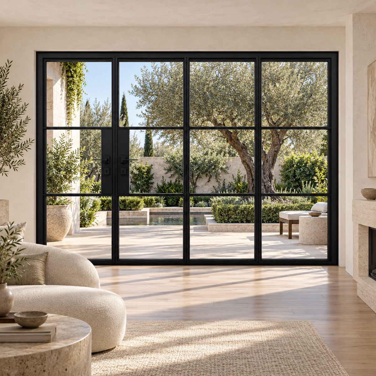 3S 3+1-panel black steel bifold door in a limestone living room overlooking an olive courtyard — lifestyle visualization
