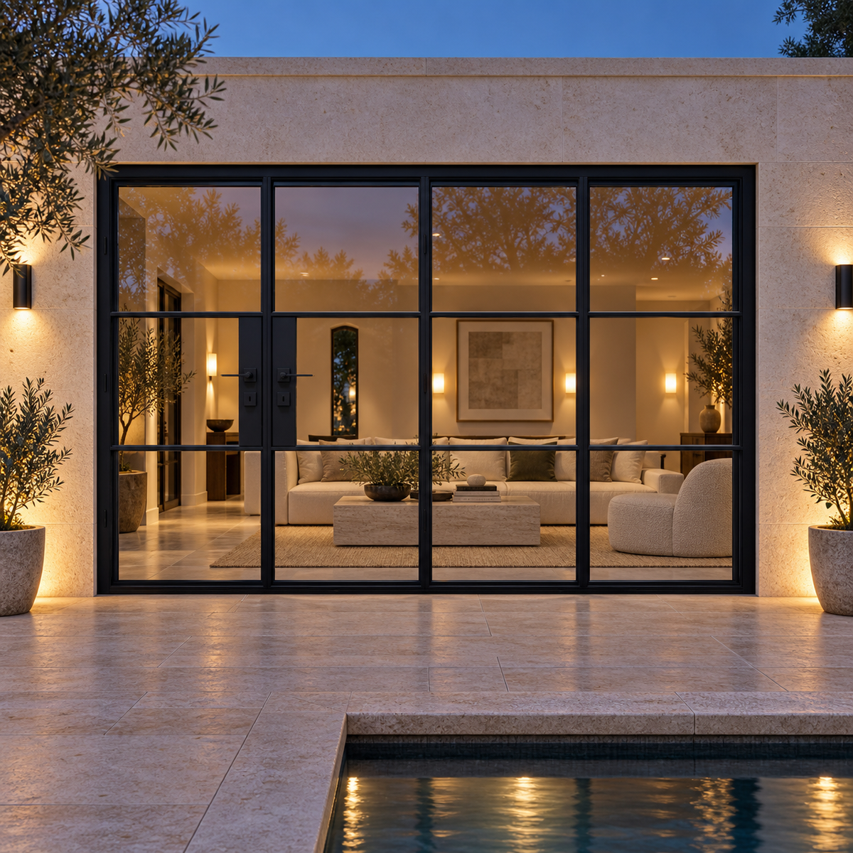 3S 3+1-panel black steel bifold door on a travertine terrace at blue hour — lifestyle visualization