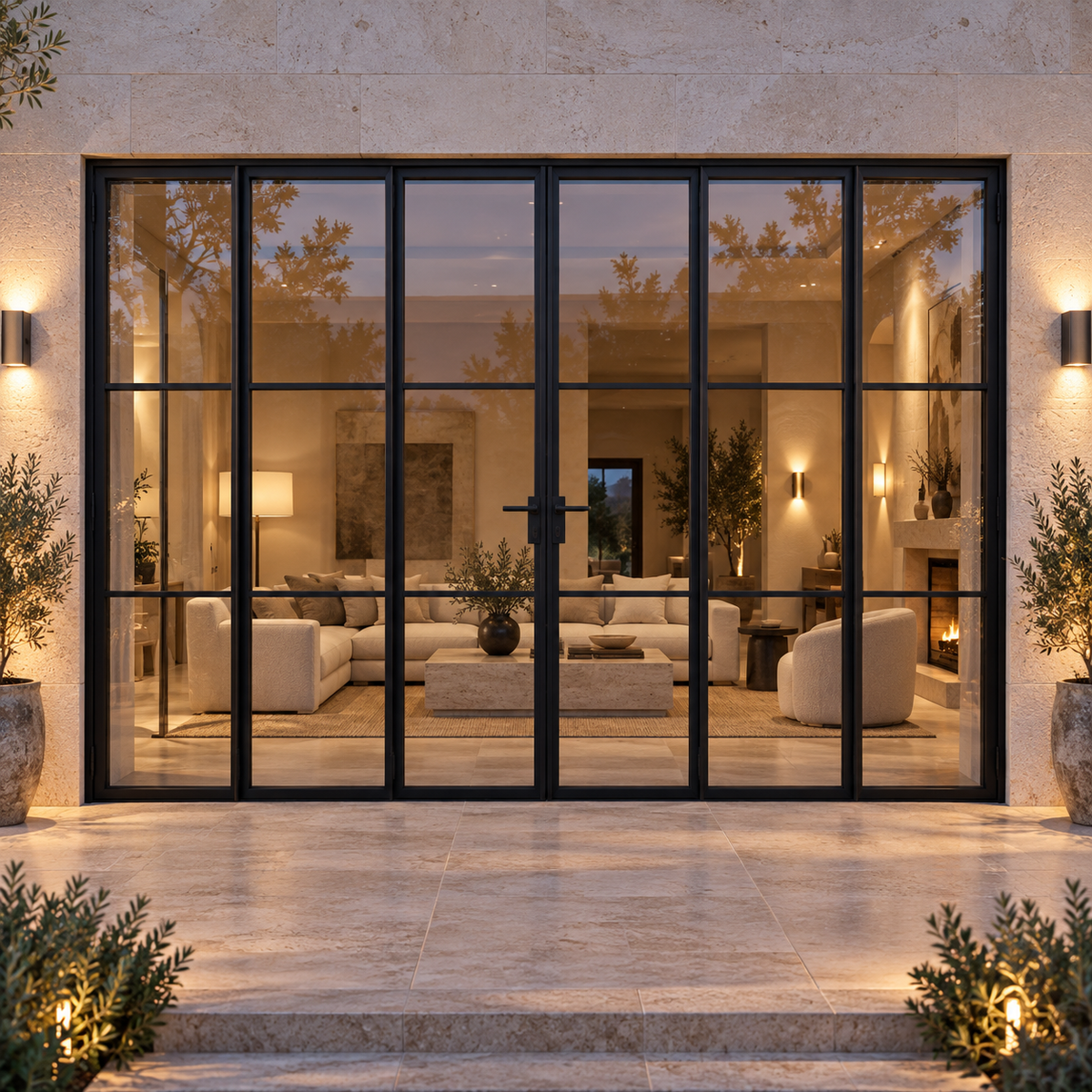 3S 3+3-panel black cold-rolled steel bifold door on a limestone terrace at blue hour — lifestyle visualization