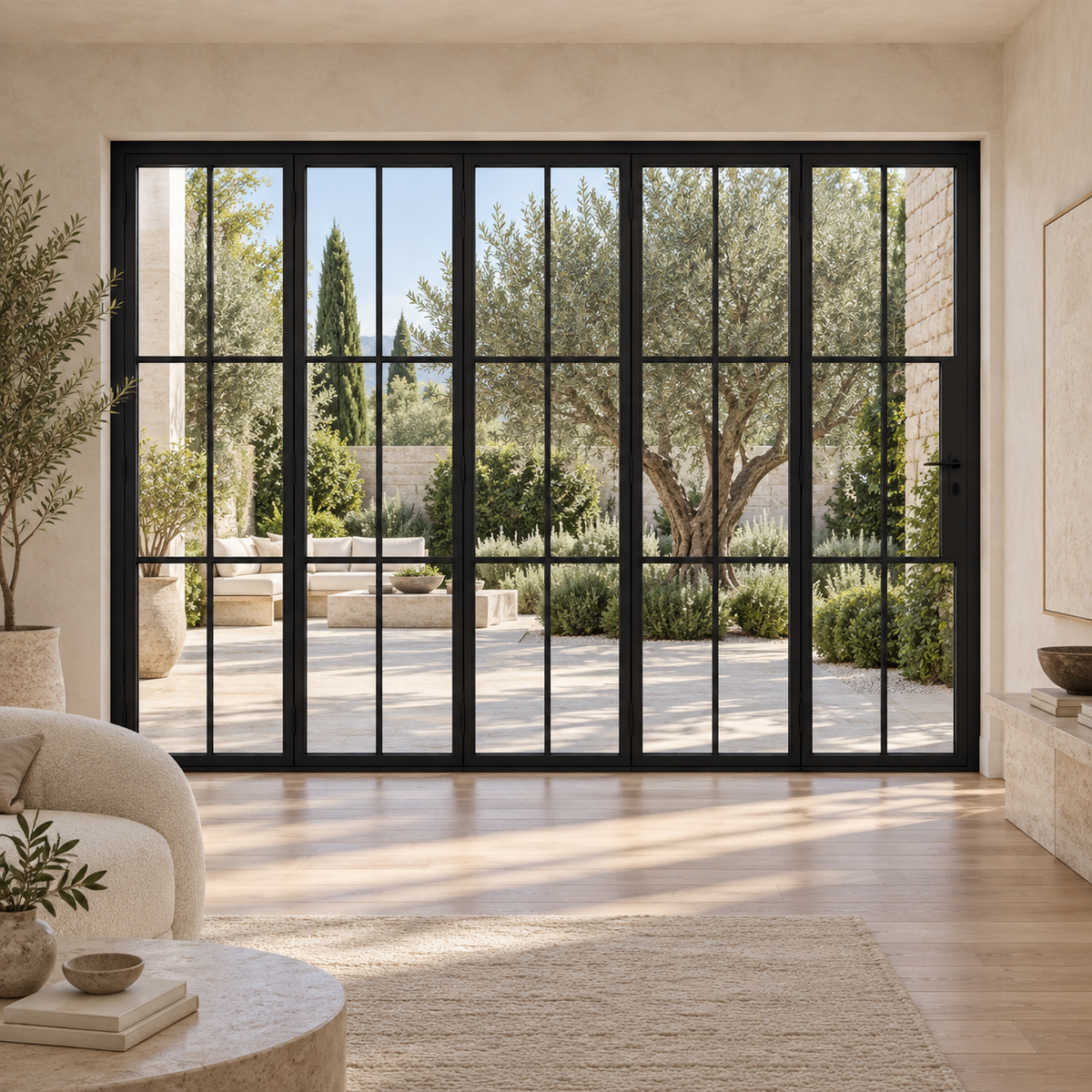 6S 5-panel black cold-rolled steel bifold door in an ivory living room overlooking an olive courtyard — lifestyle visualization