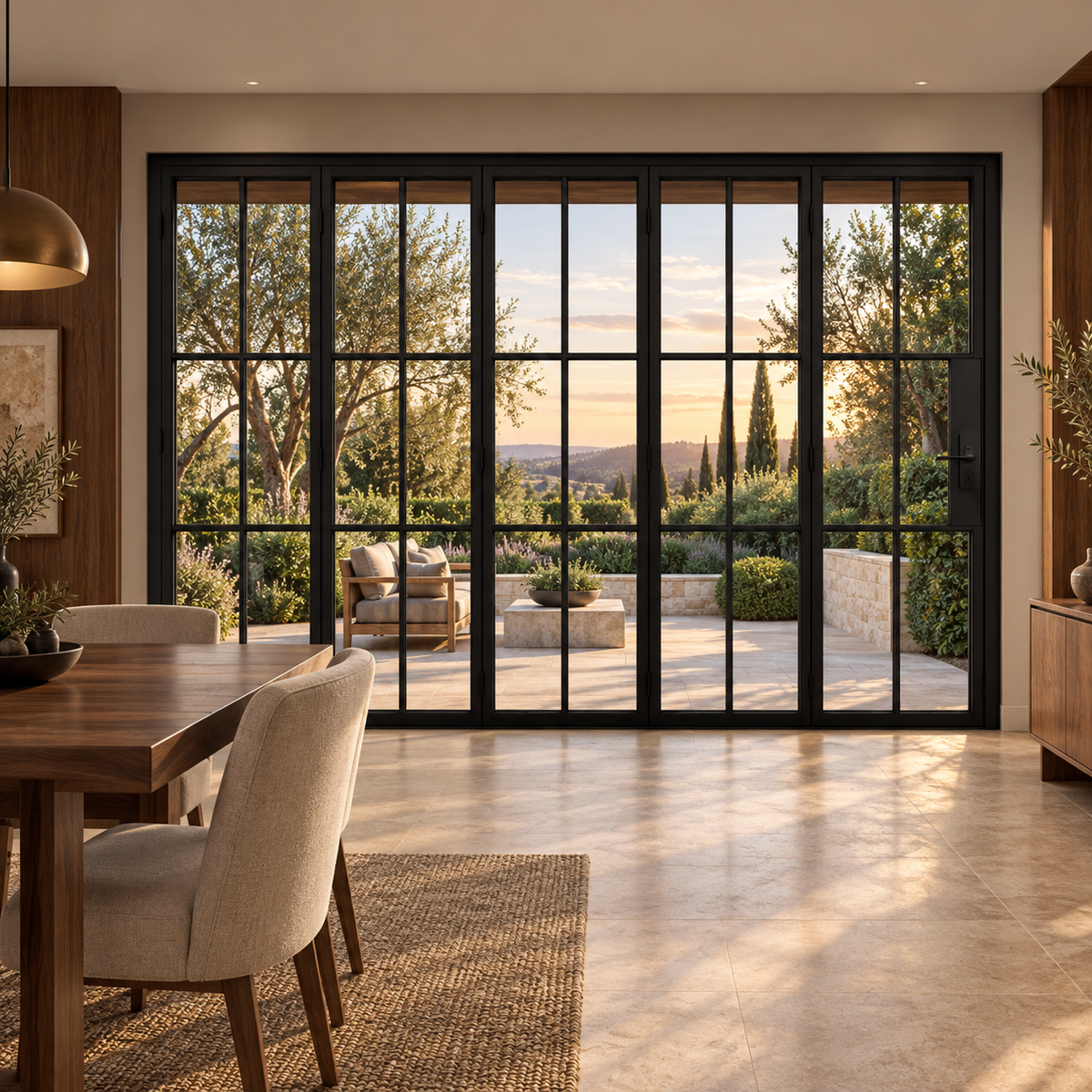 6S 5-panel black cold-rolled steel bifold door in a walnut dining room overlooking a terrace — lifestyle visualization