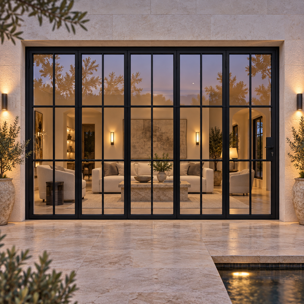 6S 5-panel black cold-rolled steel bifold door on a limestone terrace at blue hour — lifestyle visualization