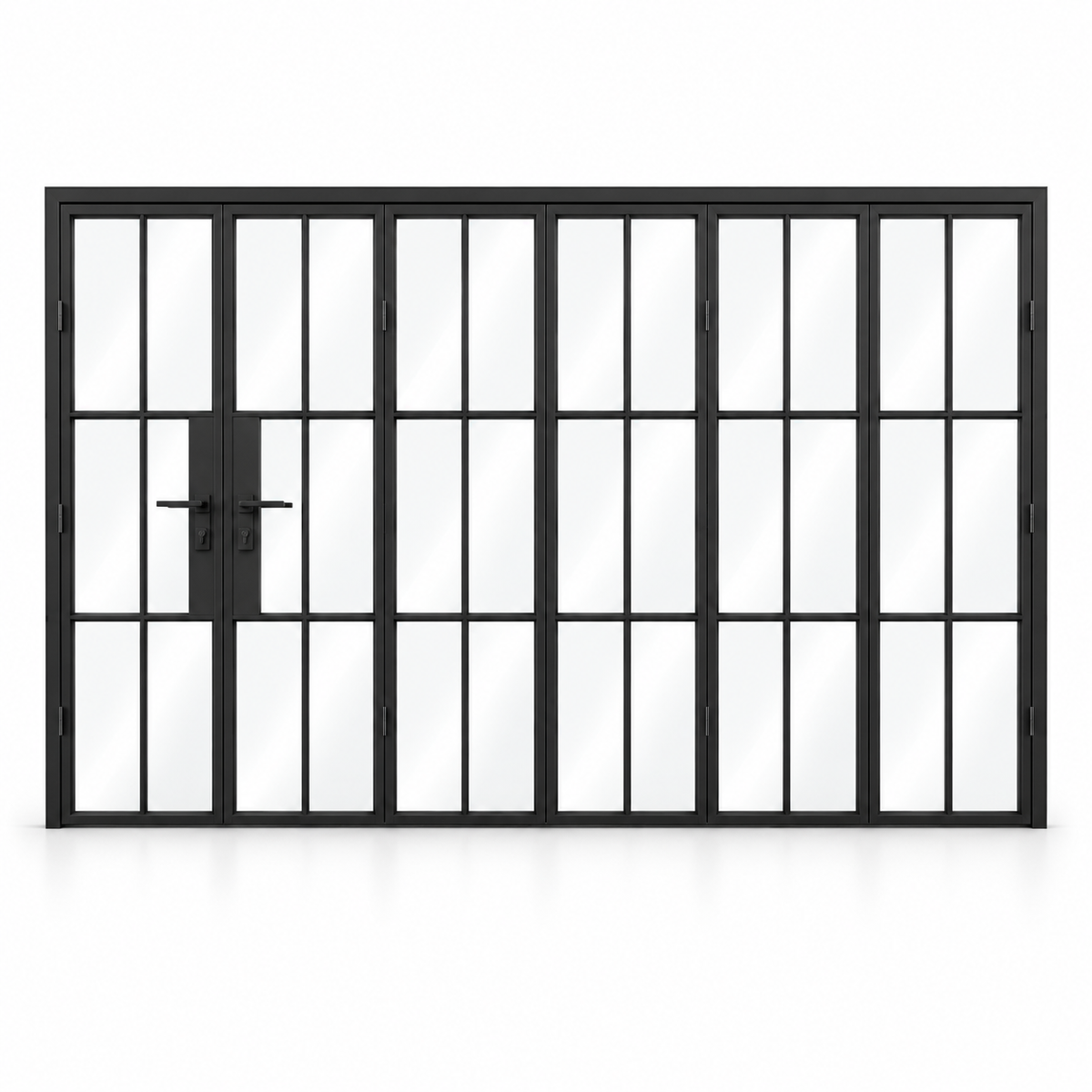 6S 5+1-panel black cold-rolled steel bifold door on a white background — product visualization