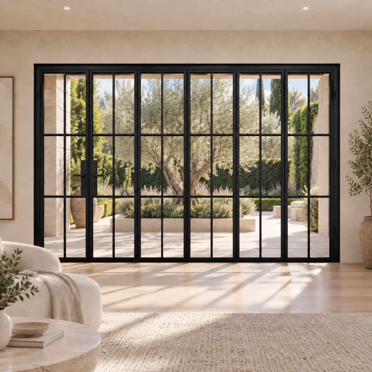 6S 5+1-panel black cold-rolled steel bifold door in an ivory living room overlooking an olive courtyard — lifestyle visualization