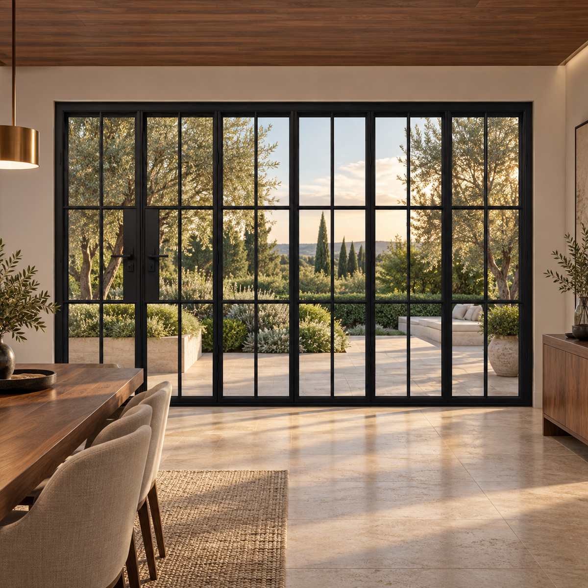 6S 5+1-panel black cold-rolled steel bifold door in a walnut dining room overlooking a terrace — lifestyle visualization