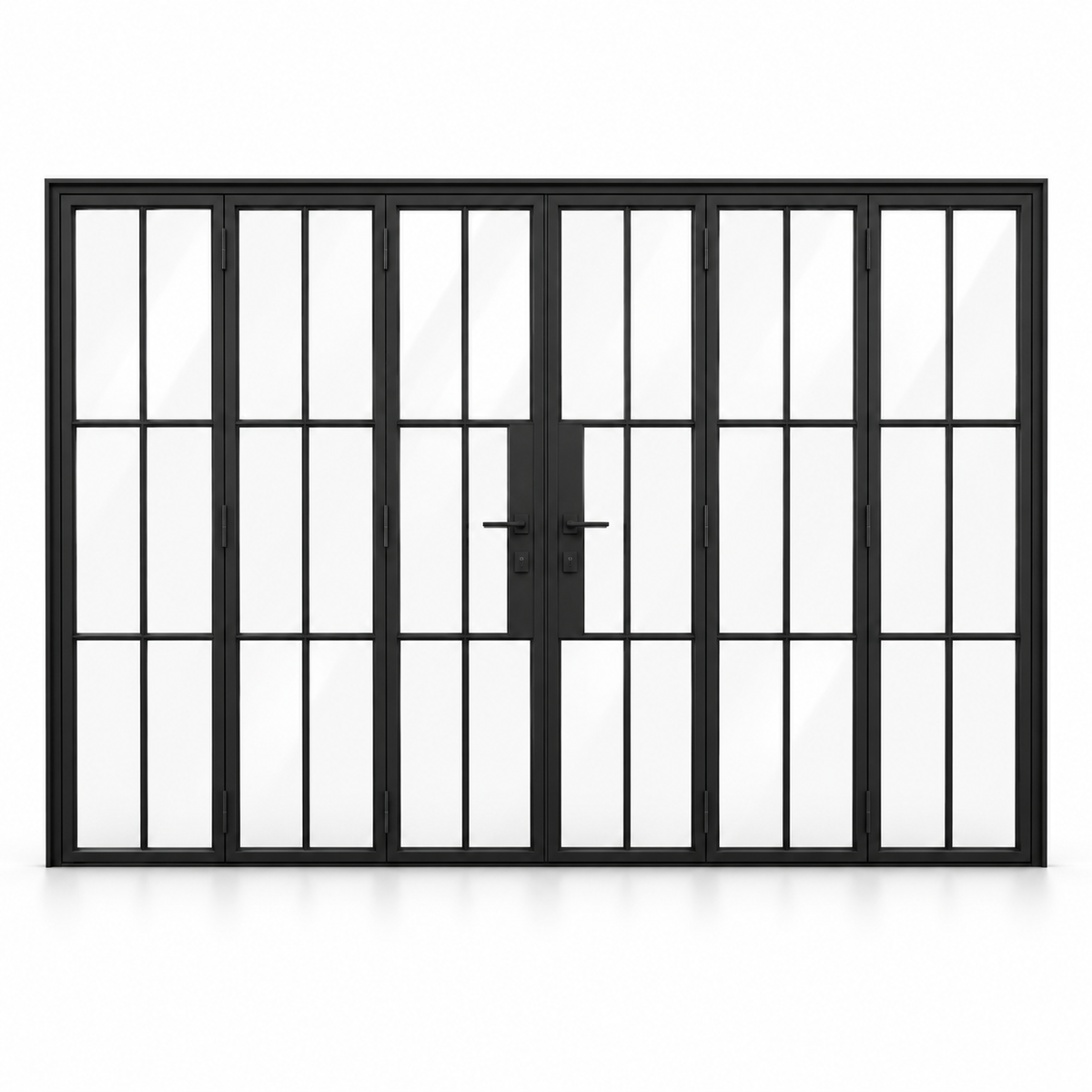 6S 3+3-panel black cold-rolled steel bifold door on a white background — product visualization