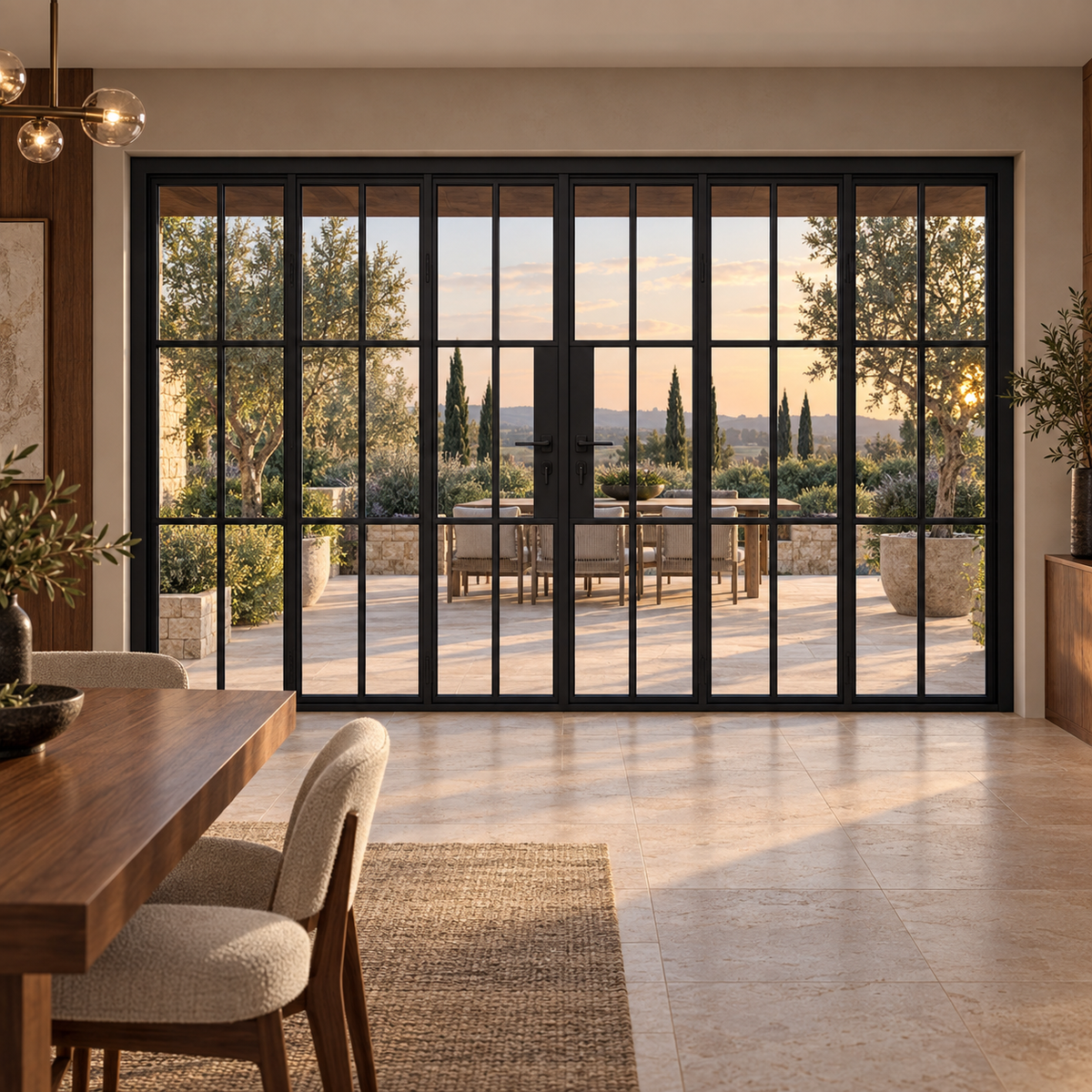 6S 3+3-panel black cold-rolled steel bifold door in a walnut dining room overlooking a terrace — lifestyle visualization