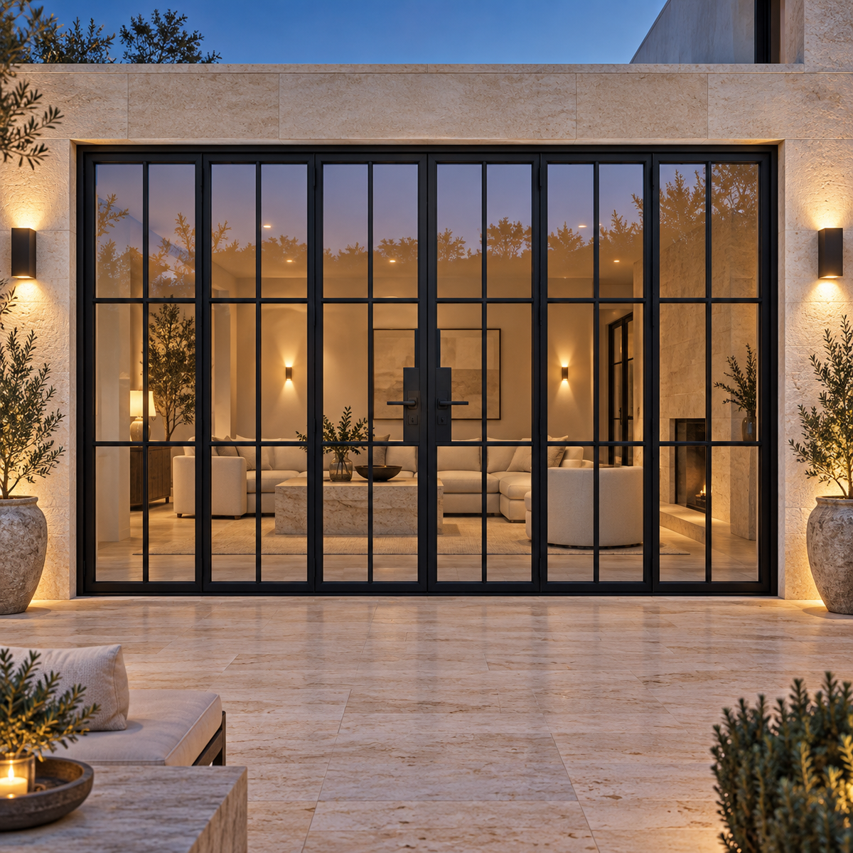 6S 3+3-panel black cold-rolled steel bifold door on a limestone terrace at blue hour — lifestyle visualization