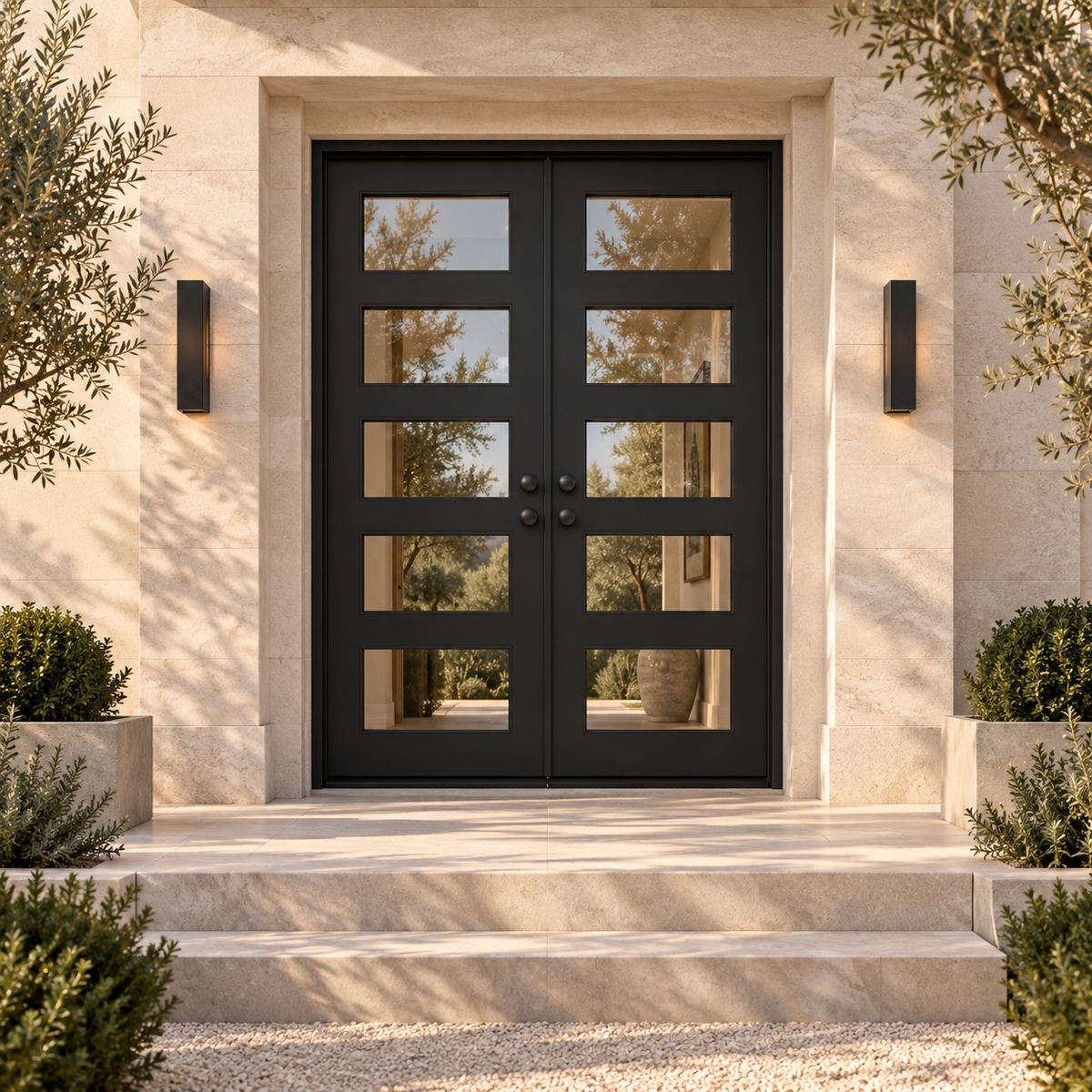 Manhattan Double thermally broken black steel door in a luxury limestone exterior — lifestyle visualization