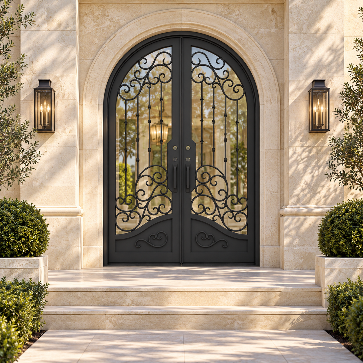 Austin Double thermally broken black steel door in a luxury limestone exterior — lifestyle visualization
