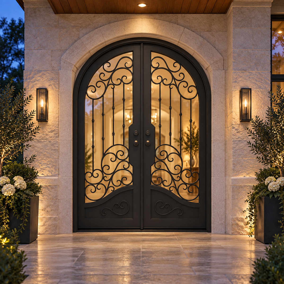 Austin Double thermally broken black steel door in a luxury evening entryway — lifestyle visualization