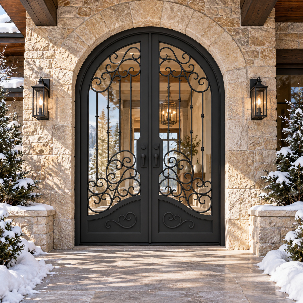 Austin Double thermally broken black steel door in a luxury winter mountain home — lifestyle visualization