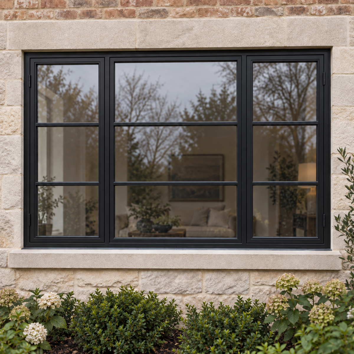 Dual Casement Steel Window with Fixed Center — exterior lifestyle visualization