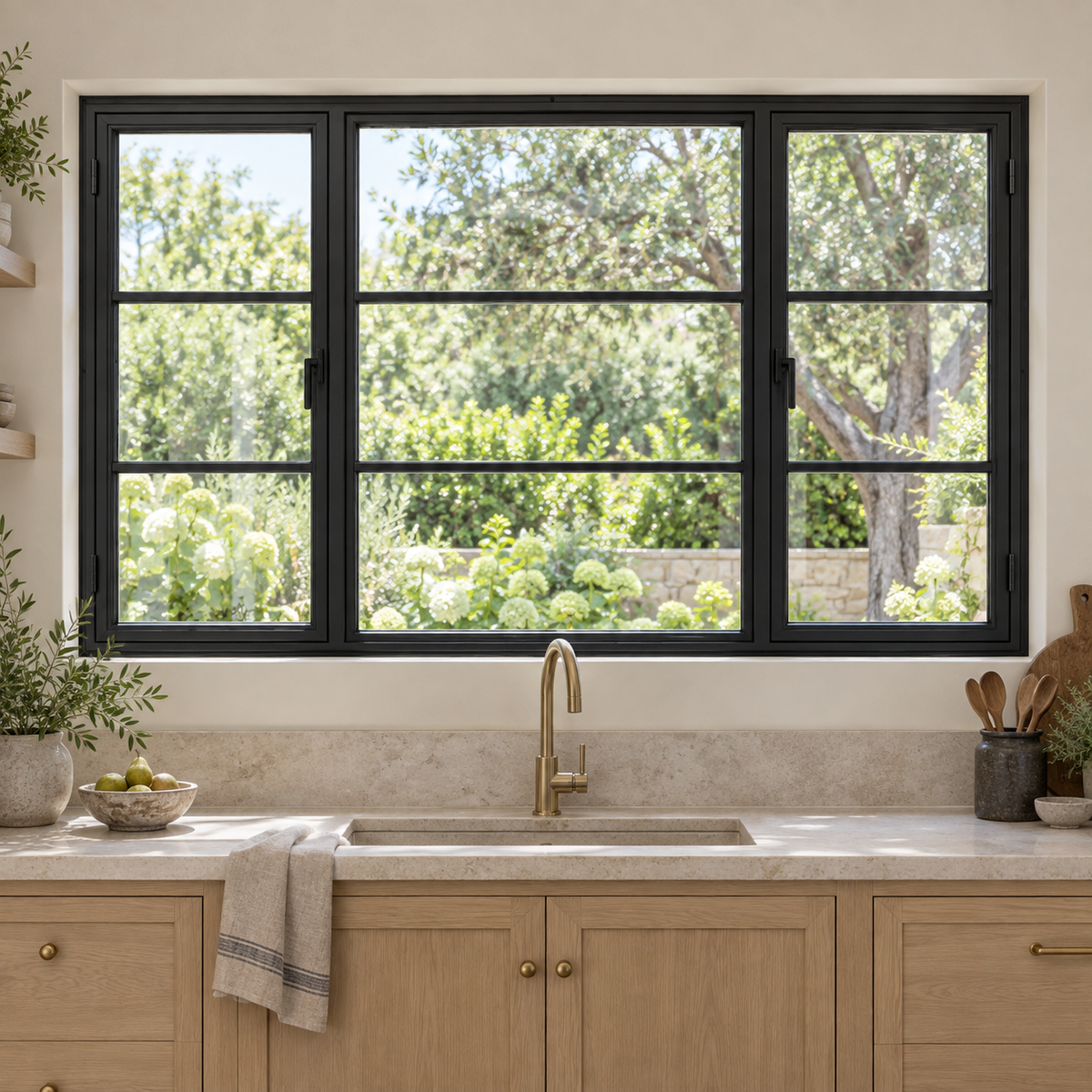 Dual Casement Steel Window with Fixed Center — kitchen lifestyle visualization