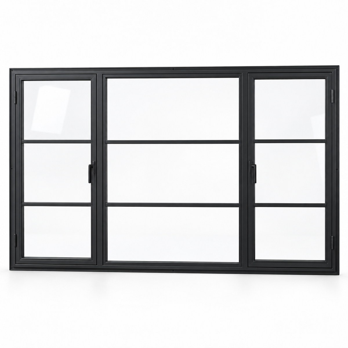 Dual Casement Steel Window with Fixed Center — white-background product visualization
