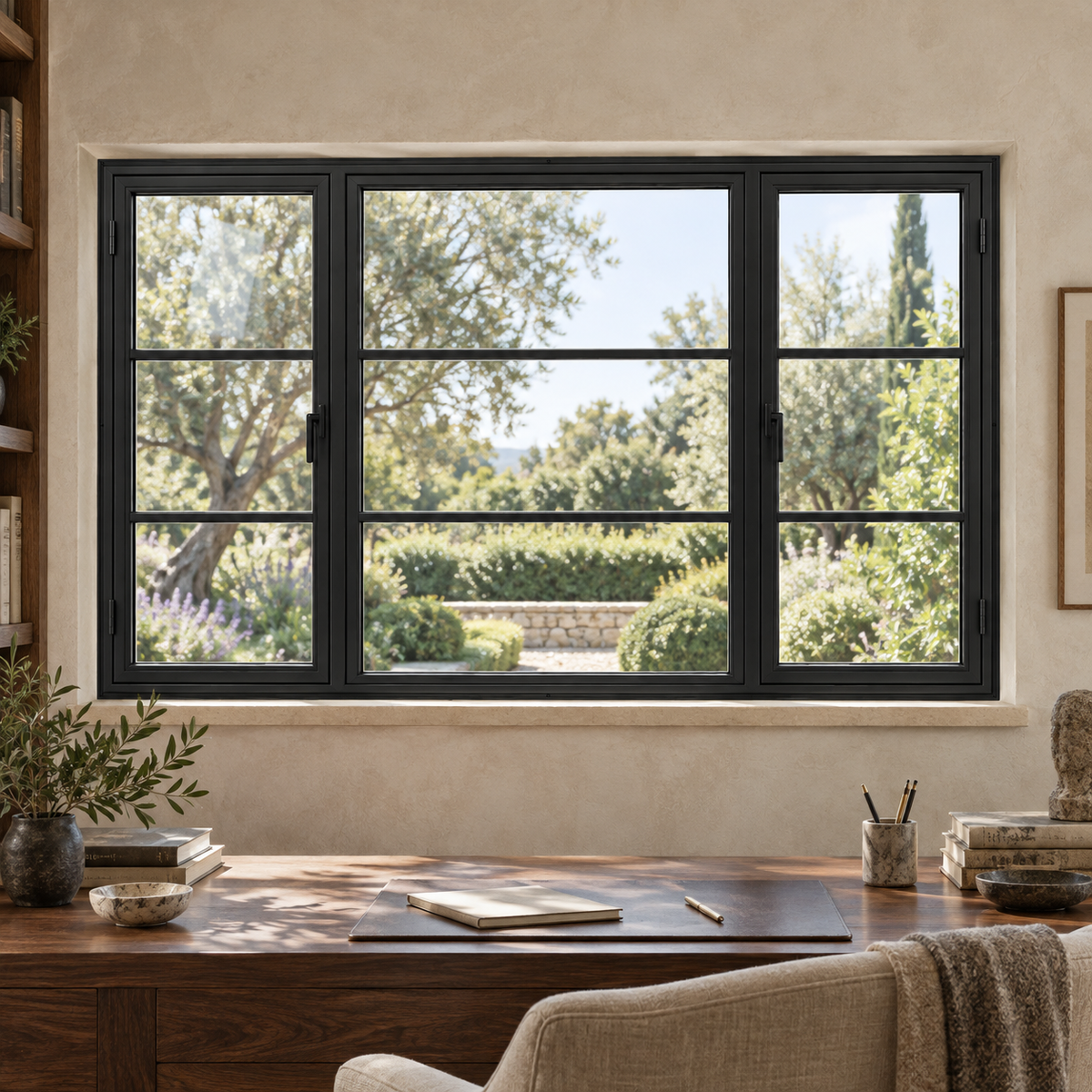 Dual Casement Steel Window with Fixed Center — study lifestyle visualization