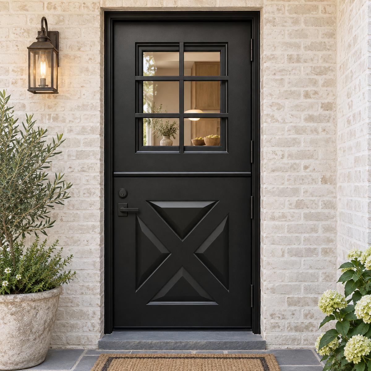 Black Angela single steel Dutch door with six-lite upper glazing and solid crossbuck lower panel at a limewashed brick farmhouse entrance — lifestyle visualization