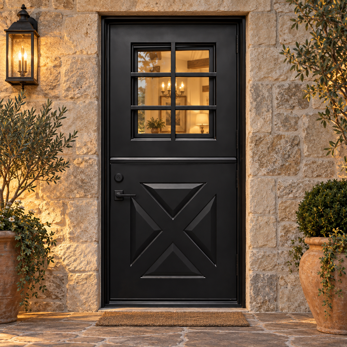 Black Angela single steel Dutch door with six-lite upper glazing and solid crossbuck lower panel at a warmly lit stone garden entrance — lifestyle visualization