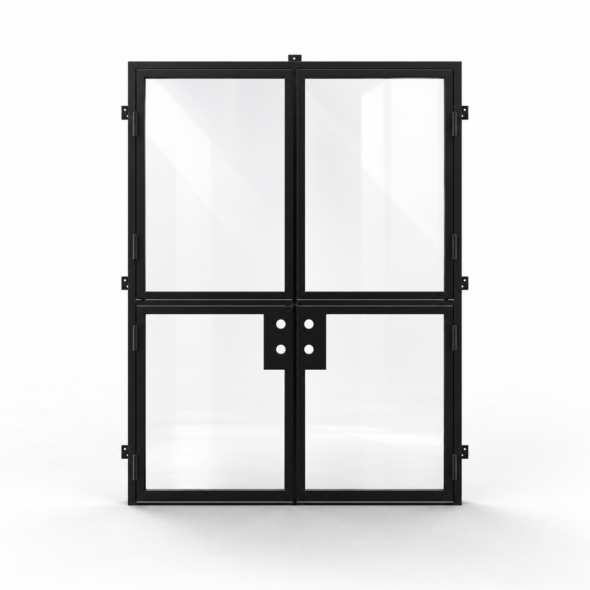 Black 2-lite double steel Dutch door on a white background — product visualization
