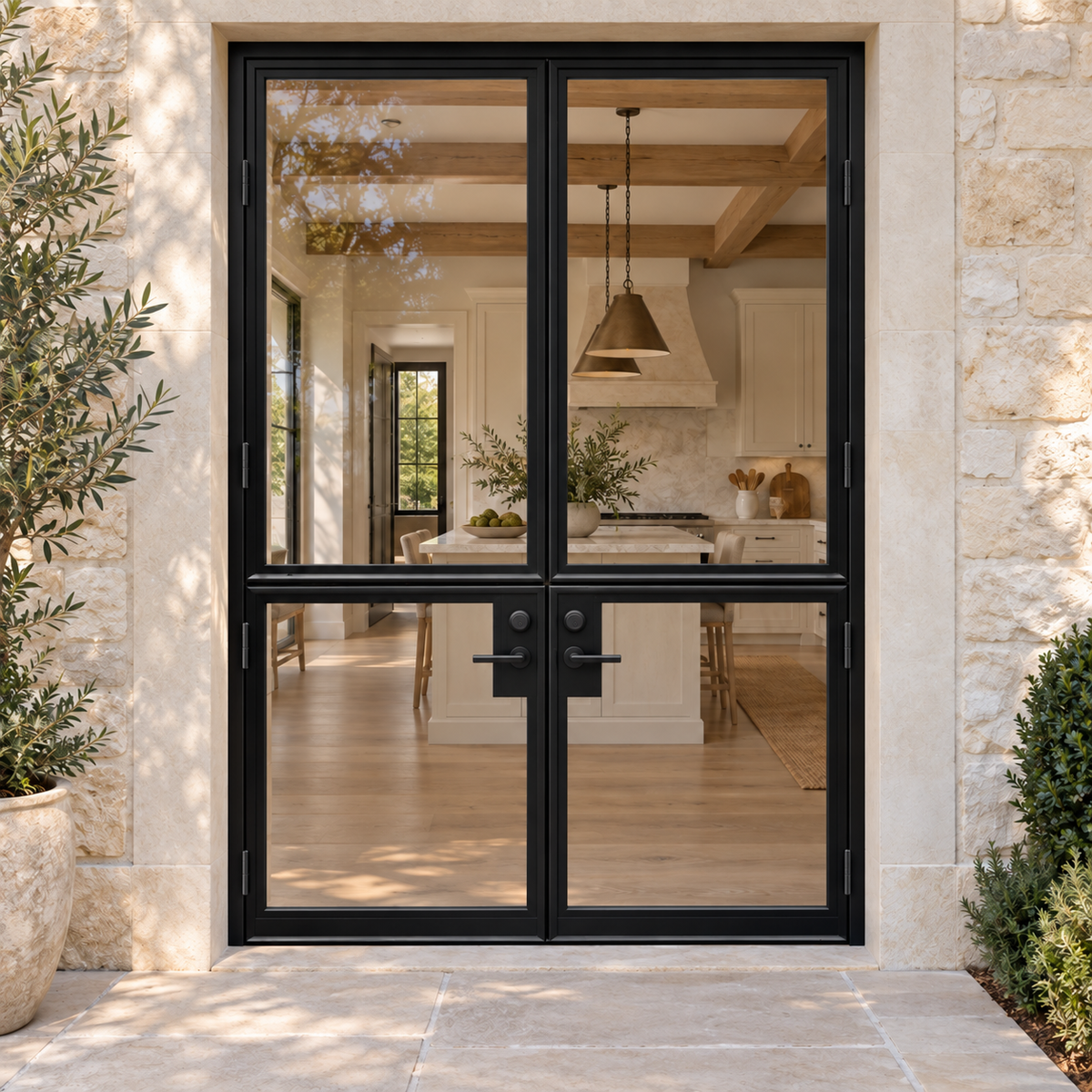 Black 2-lite double steel Dutch door at a luxury limestone residence entrance — lifestyle visualization