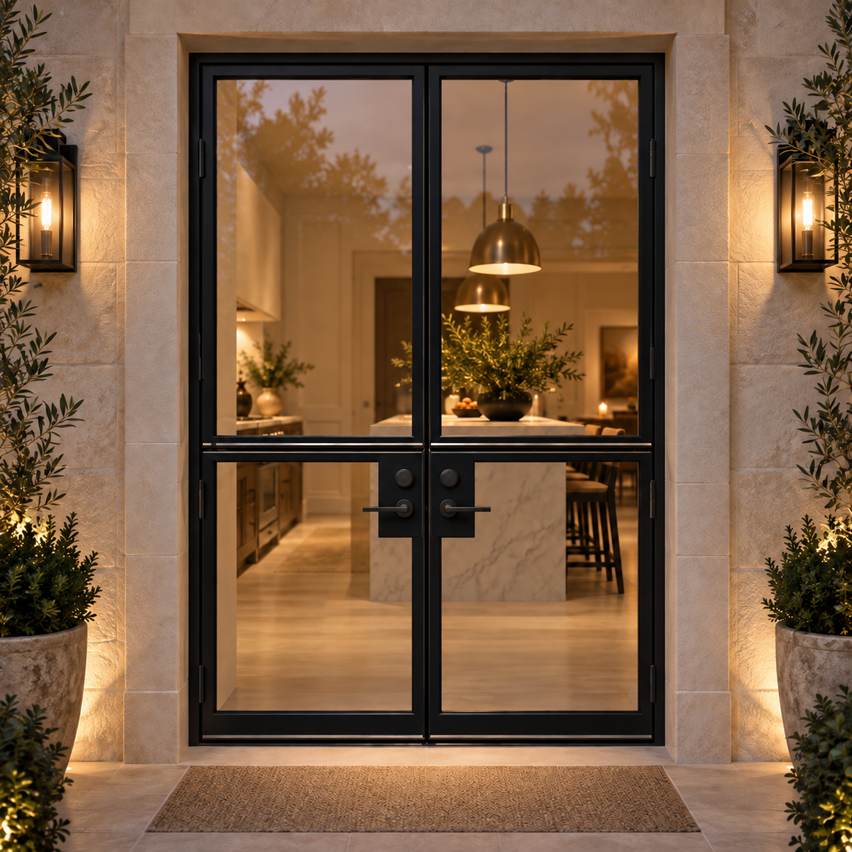 Black 2-lite double steel Dutch door at an illuminated luxury residence entrance at dusk — lifestyle visualization