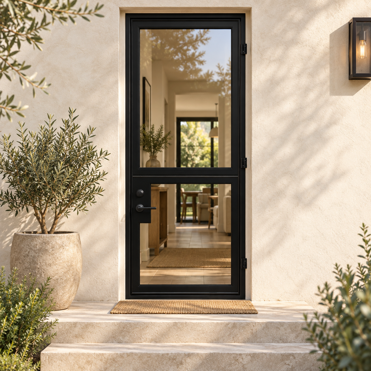 Black glass Dutch door at a limewashed garden entrance beside an olive tree — lifestyle visualization
