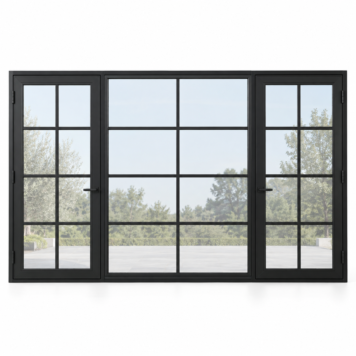 Eight-lite dual single steel doors with eight-lite fixed center — studio AI design visualization; hardware illustrative
