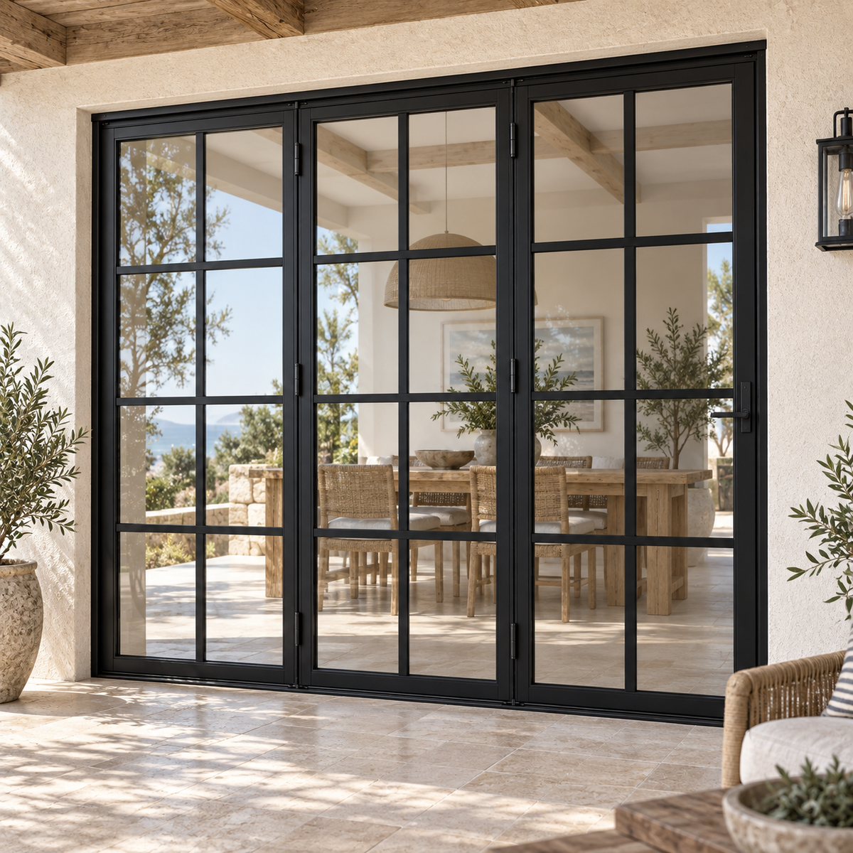 8 lite three-panel steel bifold door, 24 panes total — coastal AI design visualization