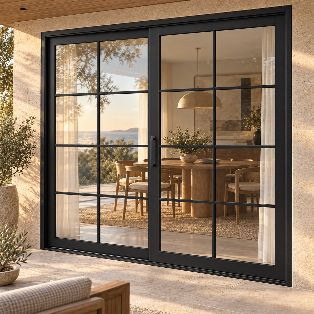8 lite two-panel steel lift-and-slide door, 16 panes total — coastal AI design visualization