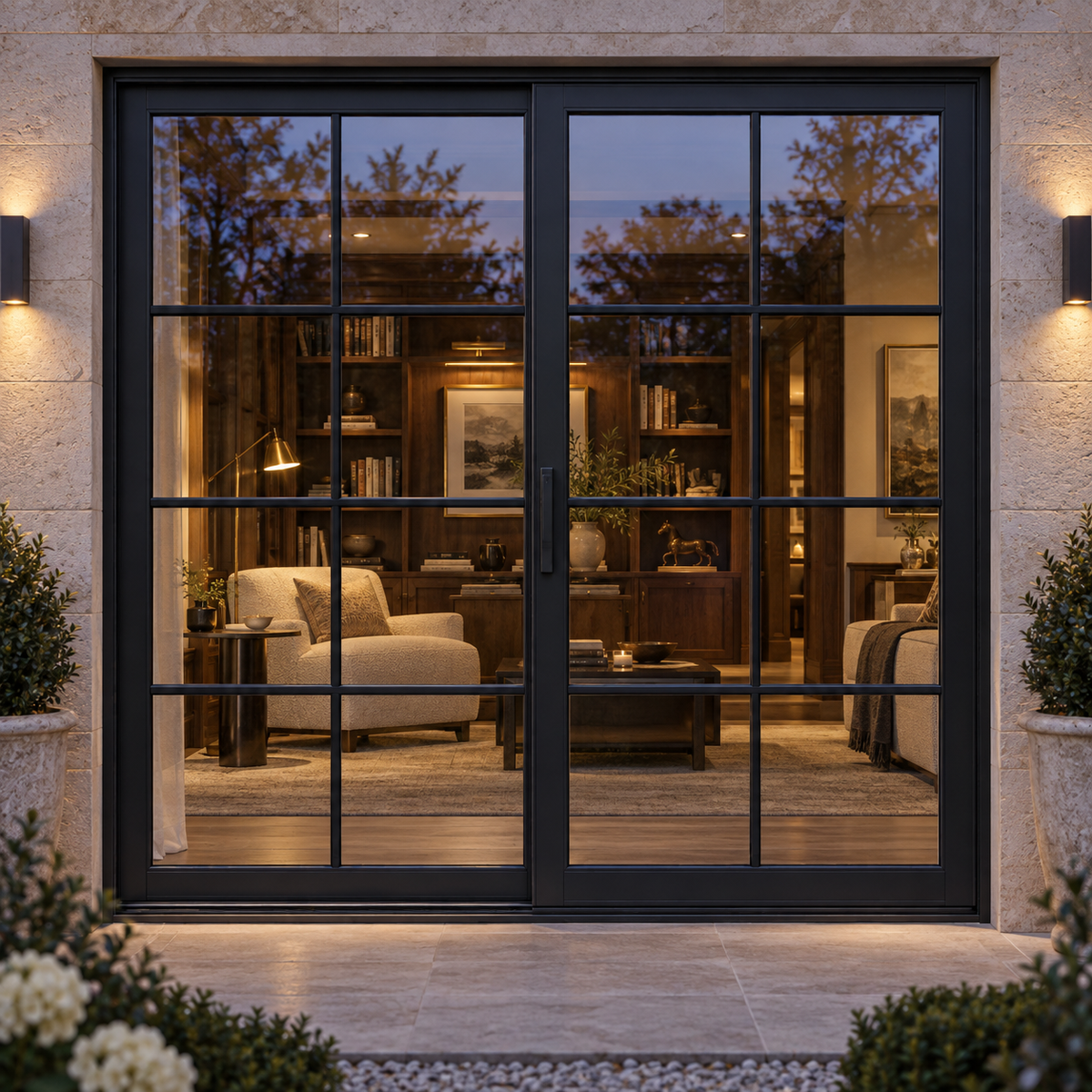 8 lite two-panel steel lift-and-slide door, 16 panes total — evening AI design visualization