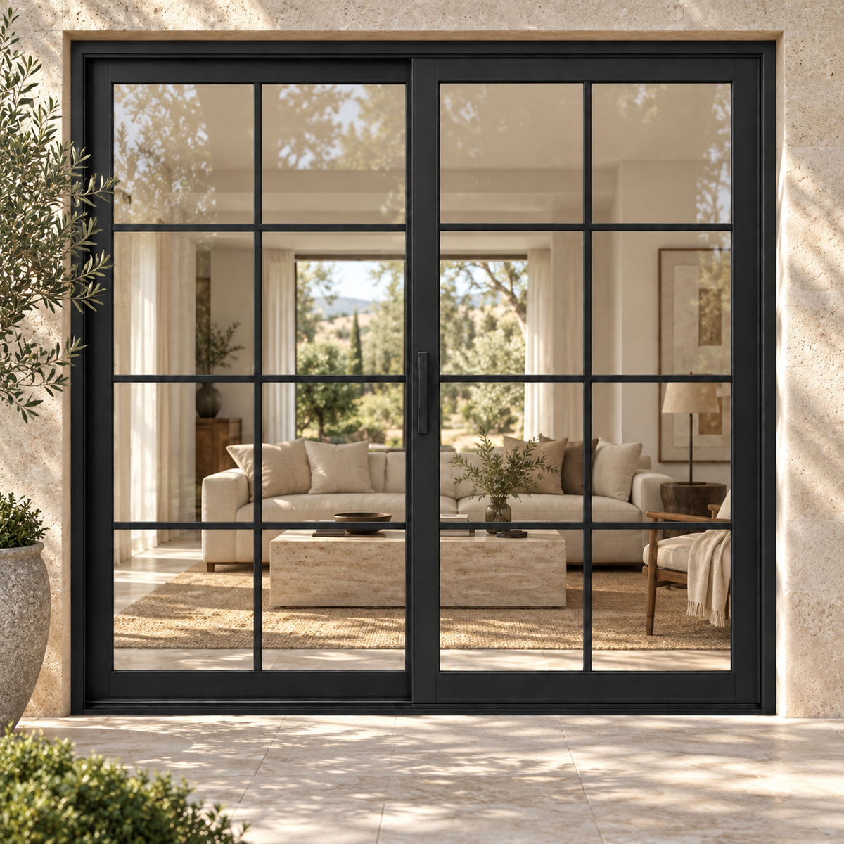 8 lite two-panel steel lift-and-slide door, 16 panes total — villa AI design visualization