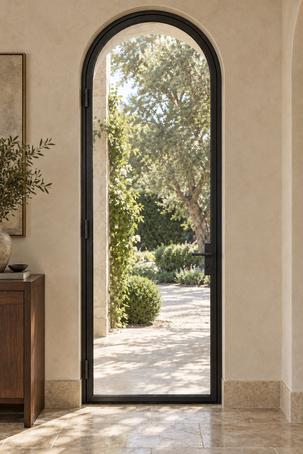 Full Lite Arched Single Hinged Steel Door — foyer architectural visualization