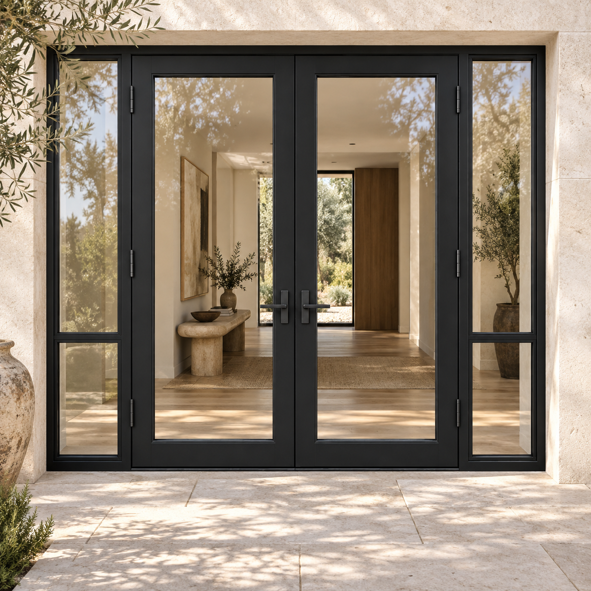 Full-lite double steel door with divided sidelights — villa AI design visualization; hardware illustrative