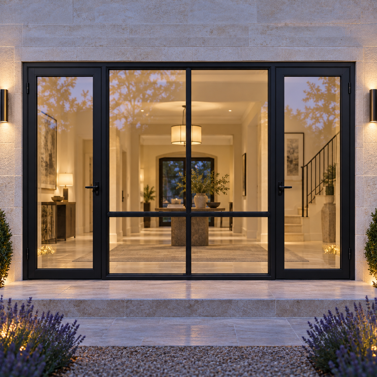 Full-lite dual single steel doors with divided fixed center — evening AI design visualization; hardware illustrative