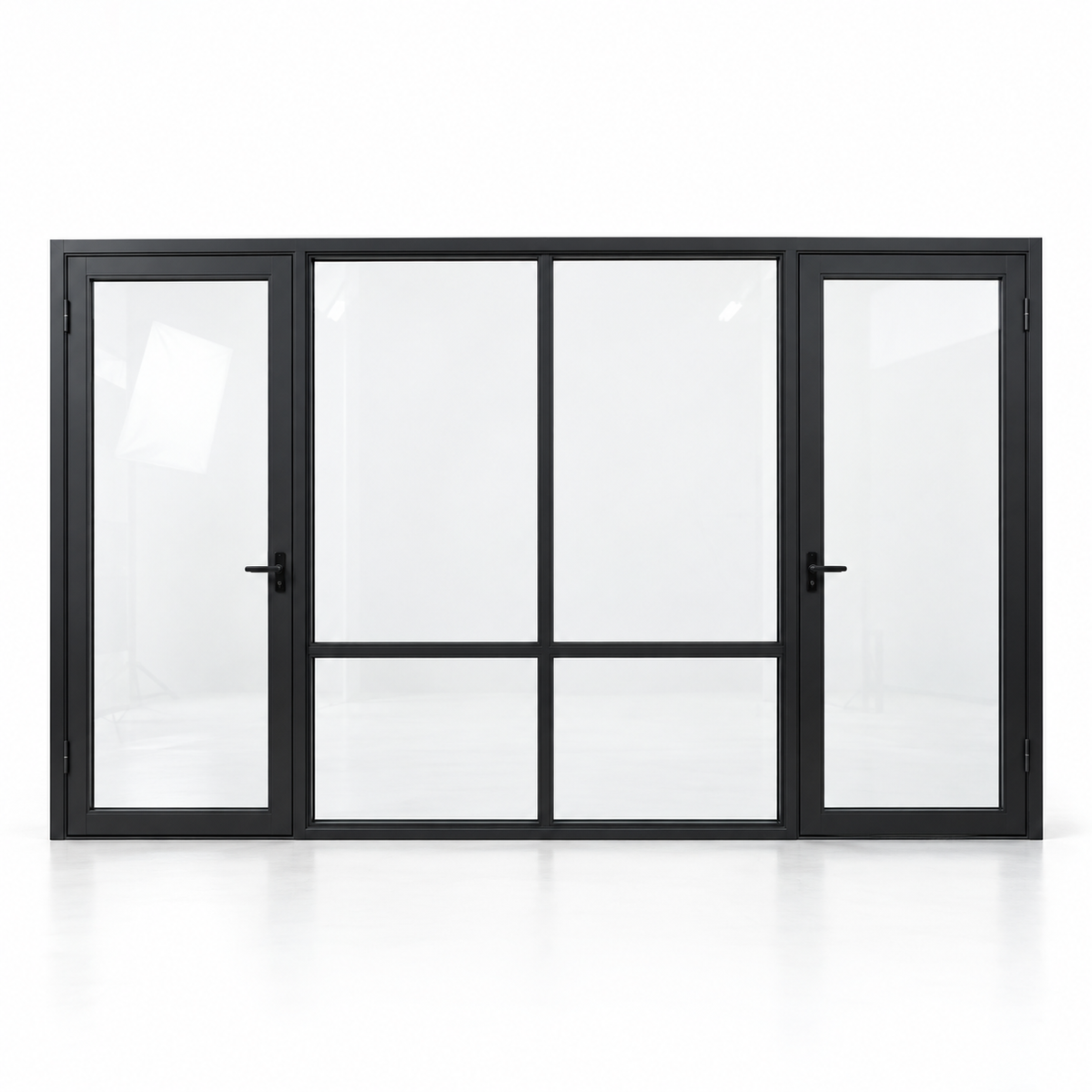 Full-lite dual single steel doors with divided fixed center — studio AI design visualization; hardware illustrative