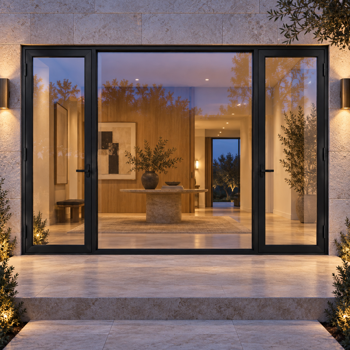 Full-lite dual single steel doors with undivided fixed center — evening AI design visualization; hardware illustrative