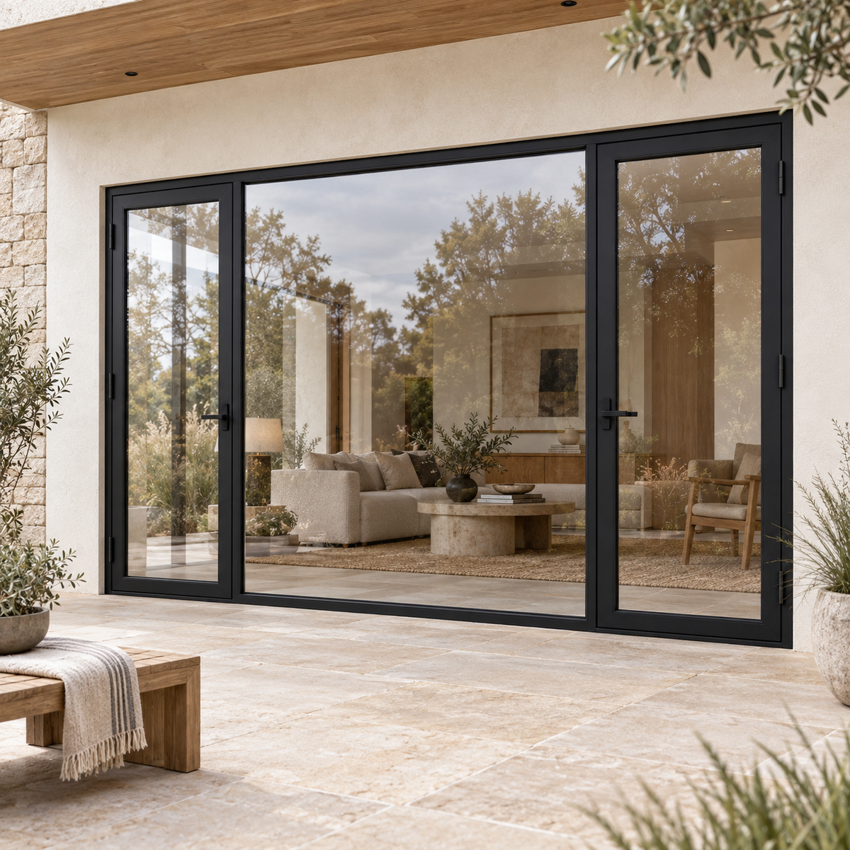 Full-lite dual single steel doors with undivided fixed center — garden AI design visualization; hardware illustrative