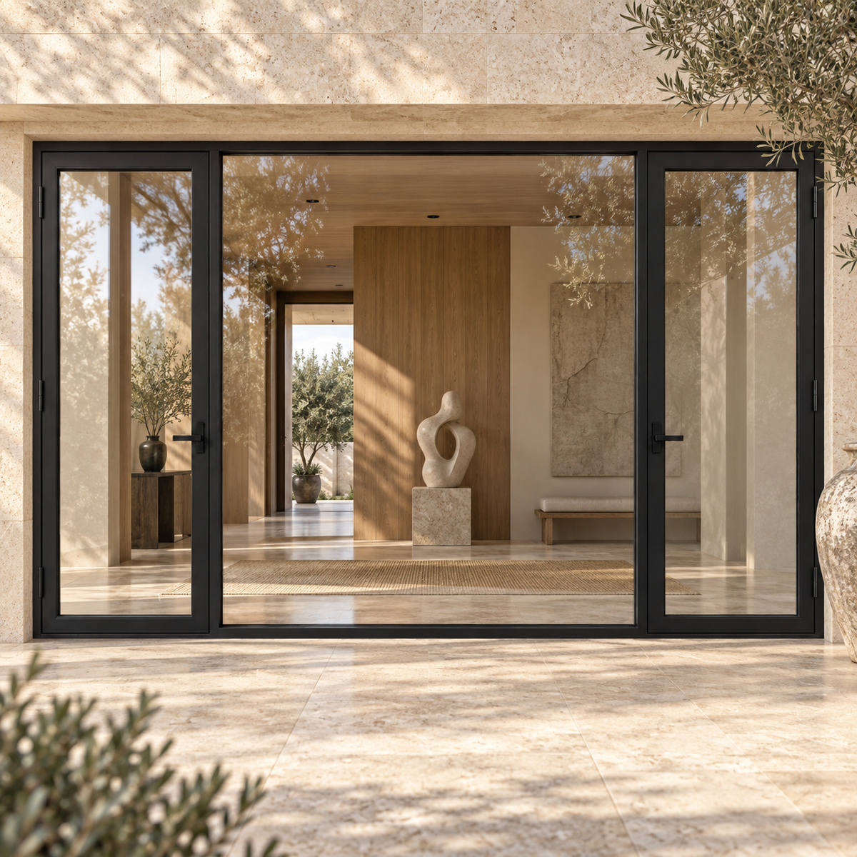 Full-lite dual single steel doors with undivided fixed center — villa AI design visualization; hardware illustrative