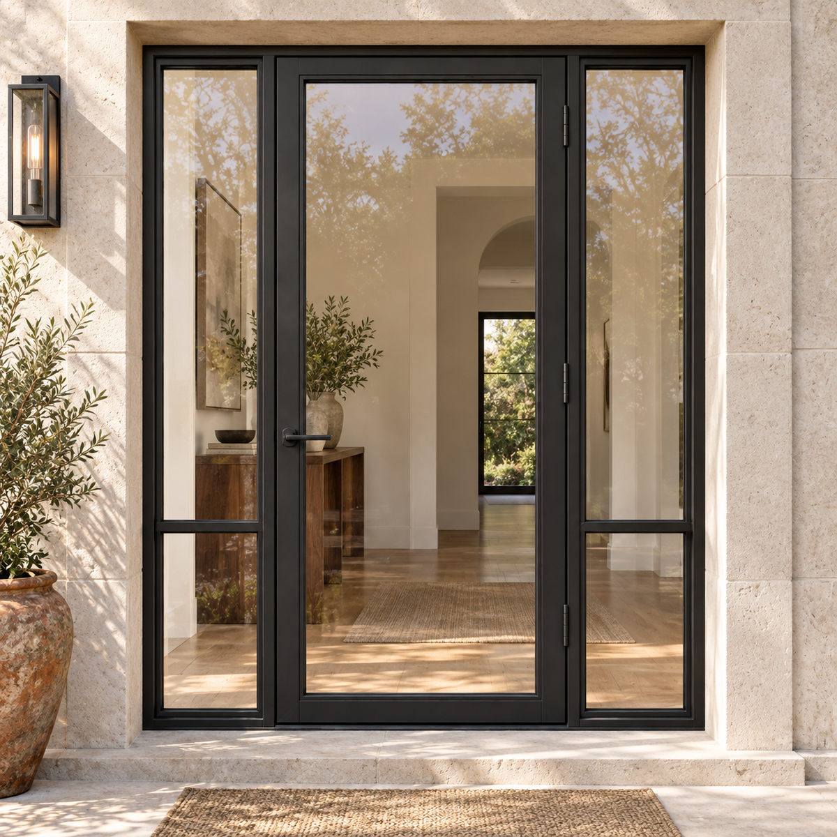 Full-lite single steel door with divided sidelights — limestone AI design visualization; hardware illustrative