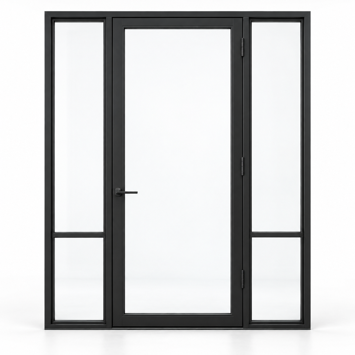 Full-lite single steel door with divided sidelights — studio AI design visualization; hardware illustrative