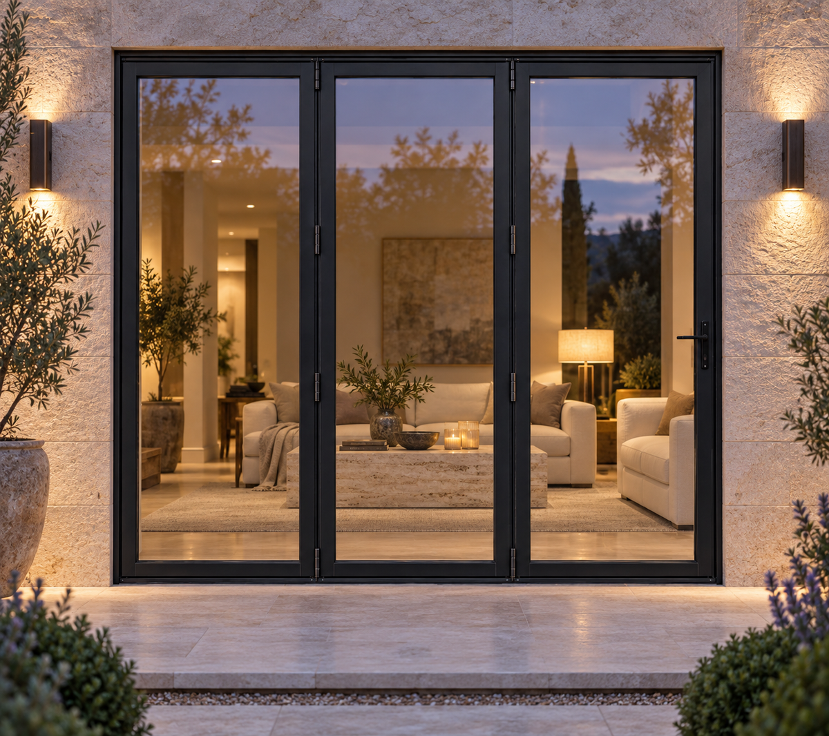 Full lite three-panel steel bifold door, three undivided panes — evening AI design visualization