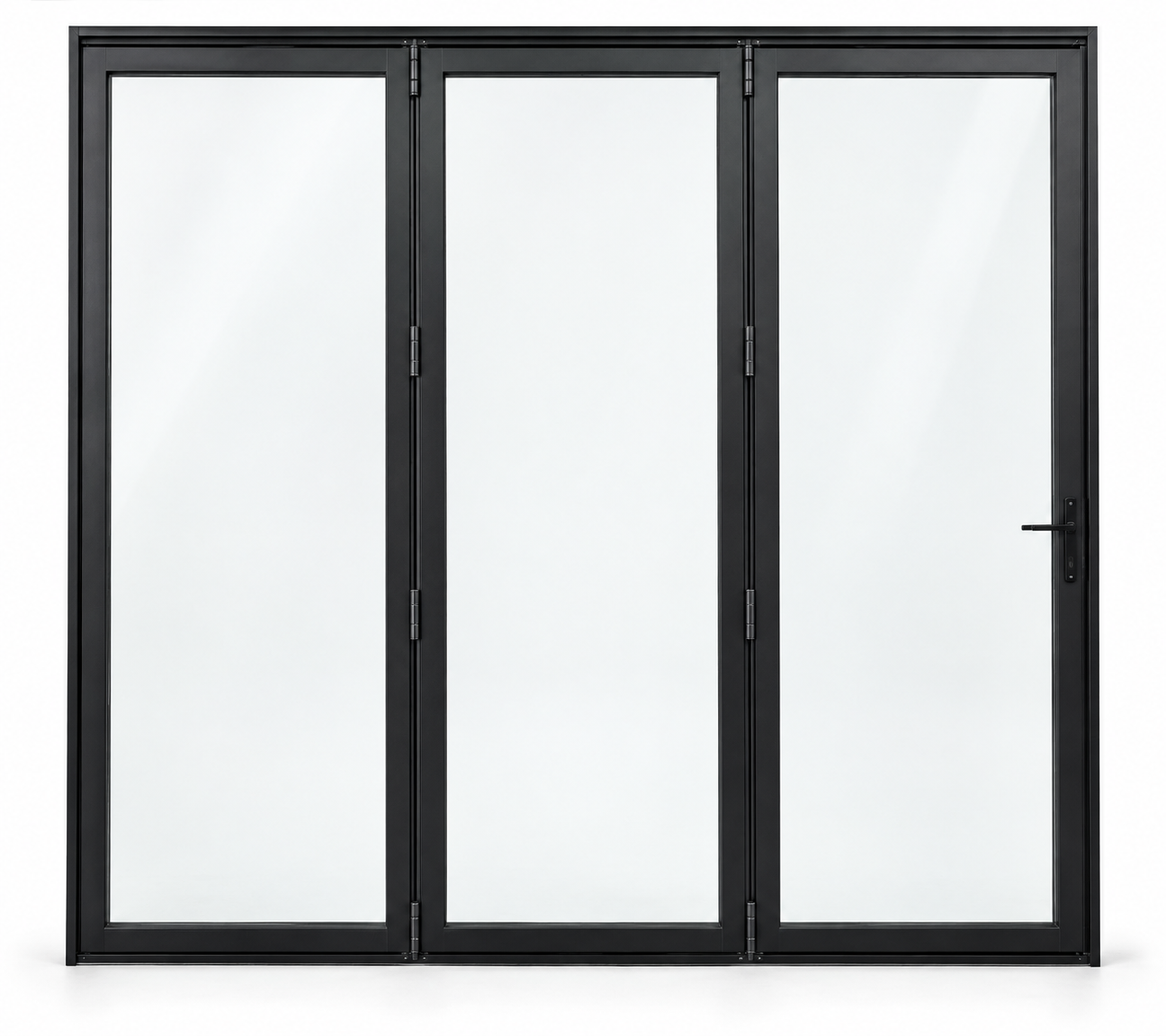 Full lite three-panel steel bifold door, three undivided panes — studio AI design visualization