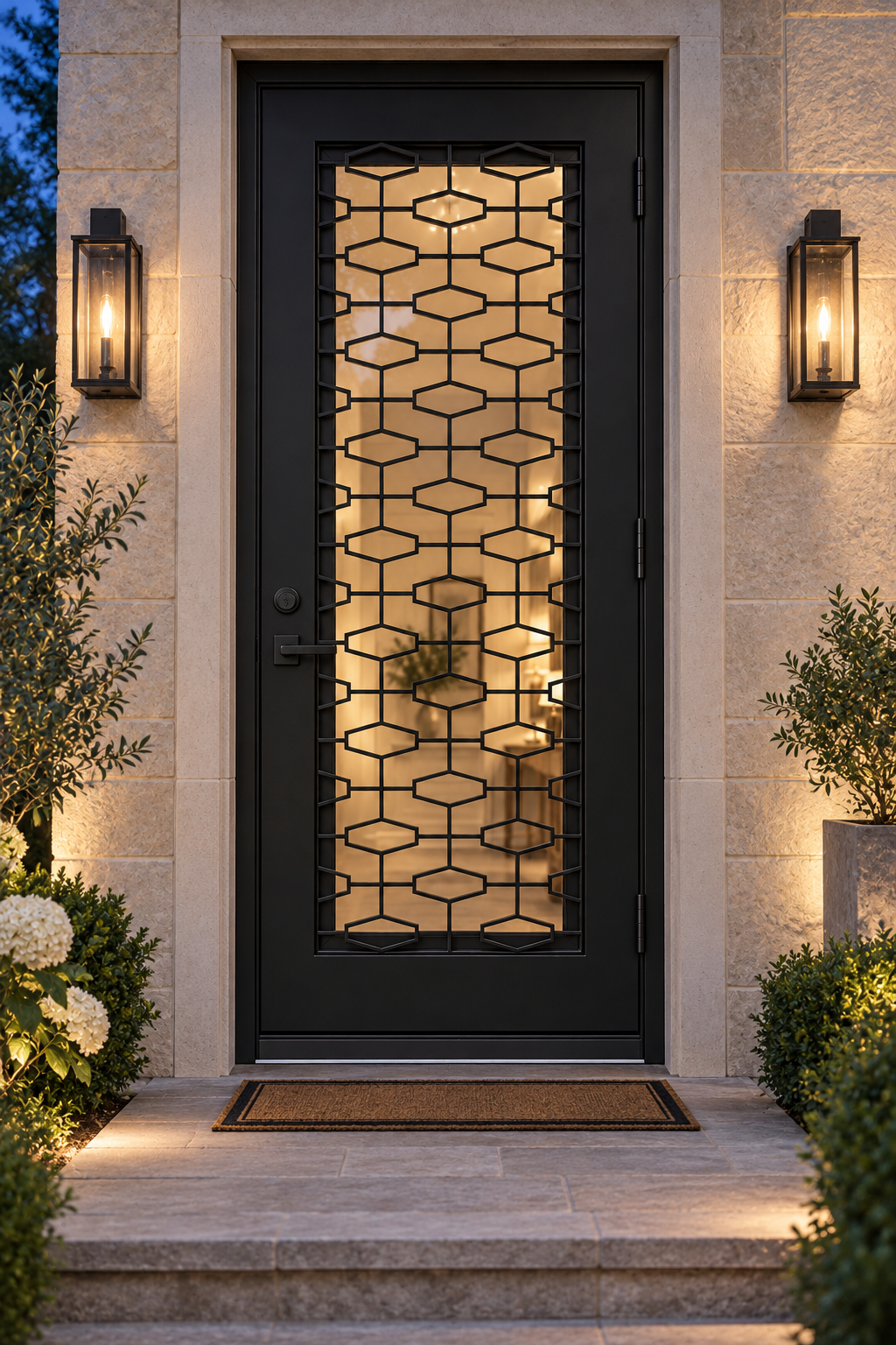 Hexagon Lattice Single Steel Door — evening design visualization