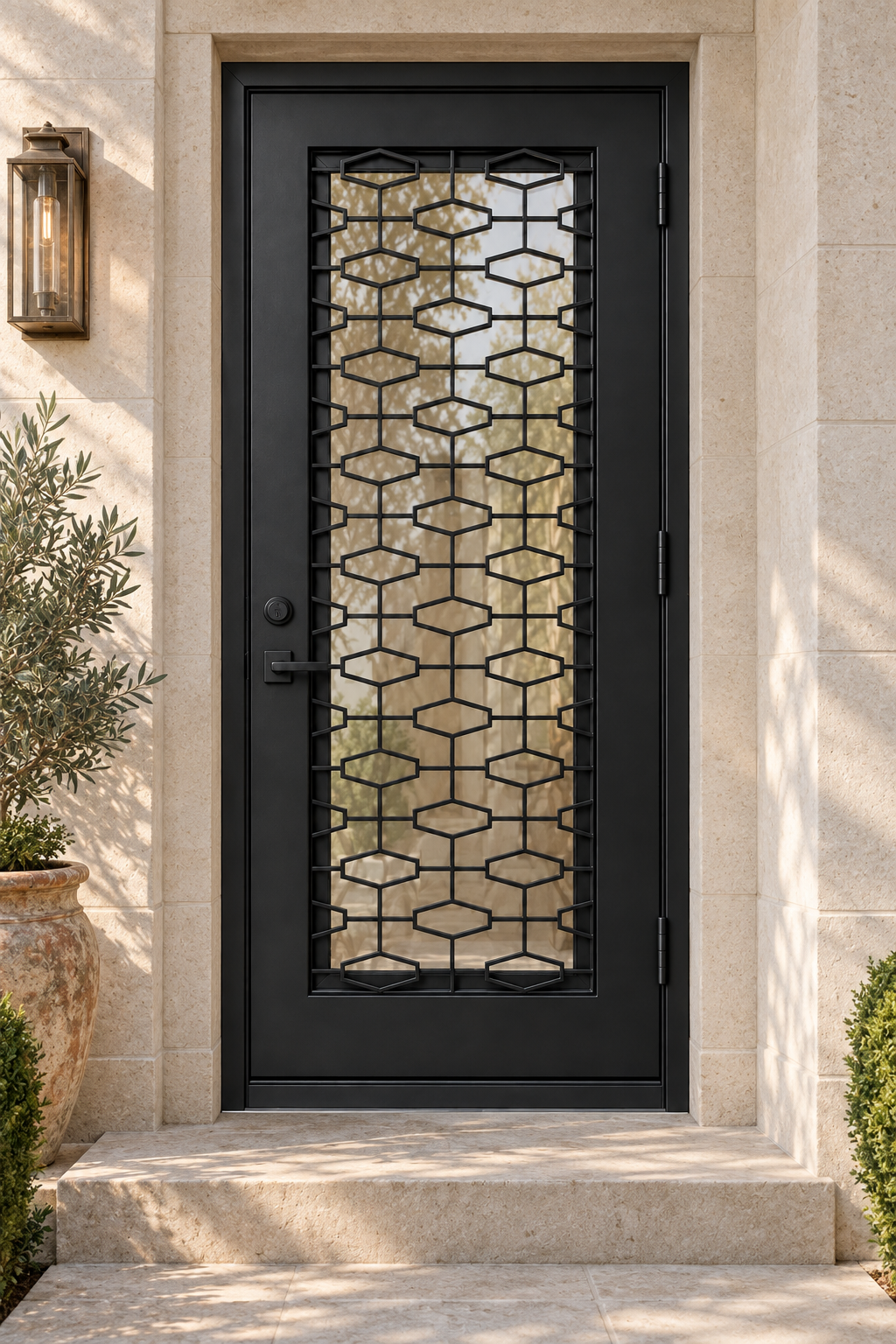 Hexagon Lattice Single Steel Door — townhouse design visualization